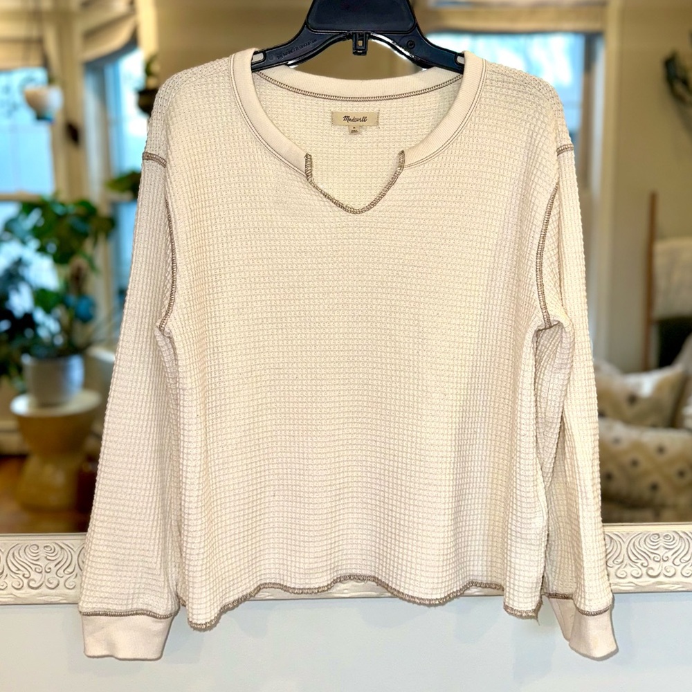 Madewell Cotton Waffle Knit Long Sleeve Shirt Top - Cream / Ivory / White - M